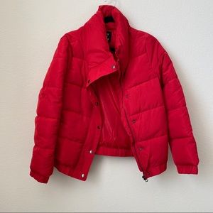 Red puffer jacket